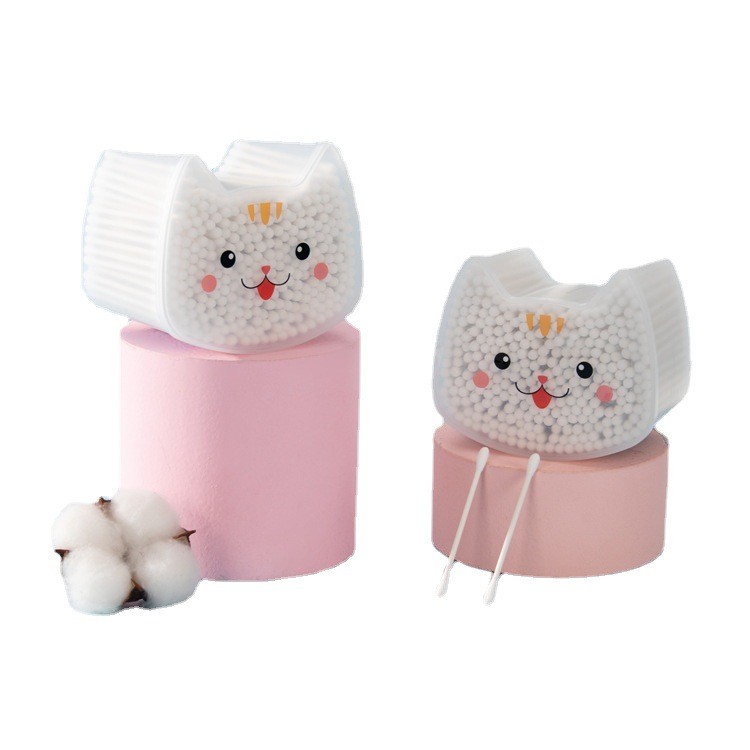 300支卡通猫型盒 一次性脱脂棉日常美妆清洁双头棉签批发